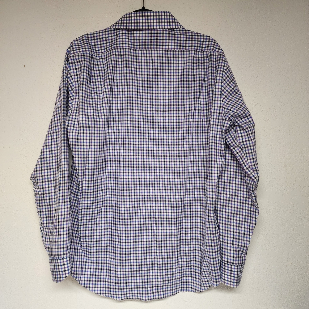 Esquire Slim Fit Non Iron Dress Shirt Men 16.5 34/35 Long Sleeve Gingham Blue - Picture 2 of 9